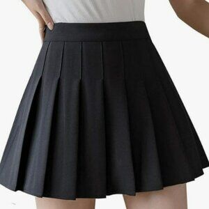 Solid Color High Waist Pleated A-line Skirt Small Black